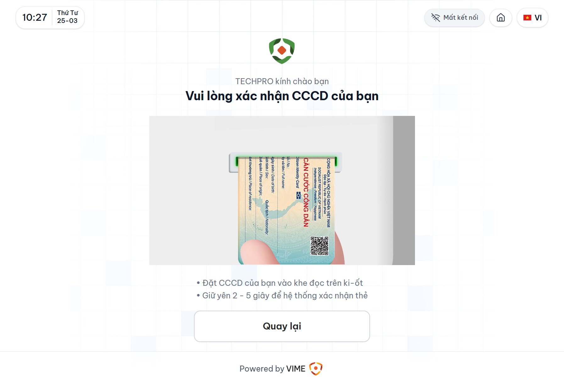 Giao diện Kiosk ứng dụng VIME quản lý khách thông minh, bảo mật - Light Mode